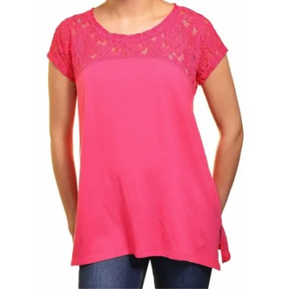 H&M Tops - H&M Blouse Neon Lace Cap Sleeve Curved Hem Shift Straight Fit SZ 8/MED PINK NEW!